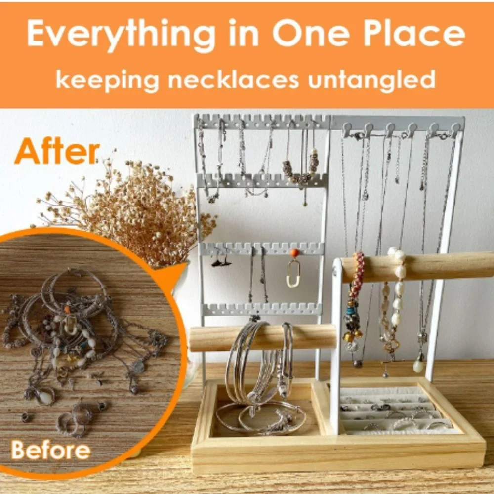 4-Tier Earring Holders & Necklace Towers - Jewelry Organizer w/ Velvet Ring Tray